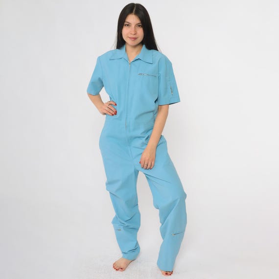 80s Blue Workwear Coveralls Jumpsuit with Zipper Front Pockets Utility Boiler Suit Mechanics Uniform Style Womens Medium Mens Small