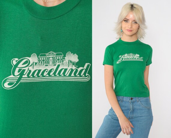 Vintage Graceland T-shirt 80s Memphis Shirt Graphic Tee Retro TShirt Tennessee T Shirt 1980s Green Travel Tee Youth Medium 2xs