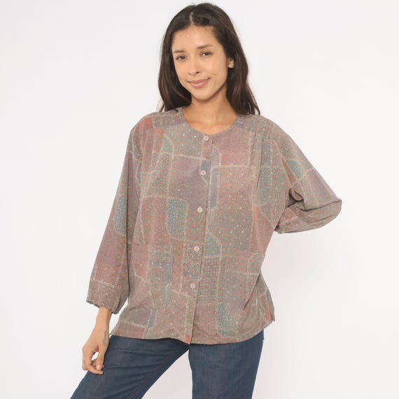 Patchwork Print Blouse 80s Grey Purple Button Front Scoop Neck Long Sleeve Grandpa Shirt Geometric Plum Slate Top Womens Large L