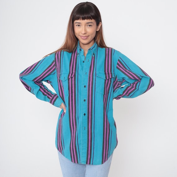 Turquoise Striped Shirt 90s Purple Black Stripe Vintage High Plains Long Sleeve Button Up Western Cowboy Southwestern Rodeo Mens Medium M