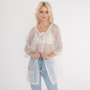 White Lace Blouse 80s Sheer Shirt Cutout Jacket Open Tie Front Top Peasant Festival Boho Romantic Bohemian Vintage 1980s Small Medium Large