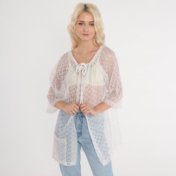 White Lace Blouse 80s Sheer Shirt Cutout Jacket Open Tie Front Top Peasant Festival Boho Romantic Bohemian Vintage 1980s Small Medium Large
