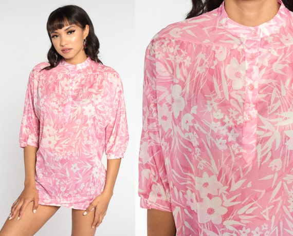 Sheer Floral Blouse 70s Boho Top Pink White Button Up Shirt Bohemian Long Sleeve 1970s Vintage Hippie Summer Medium Large
