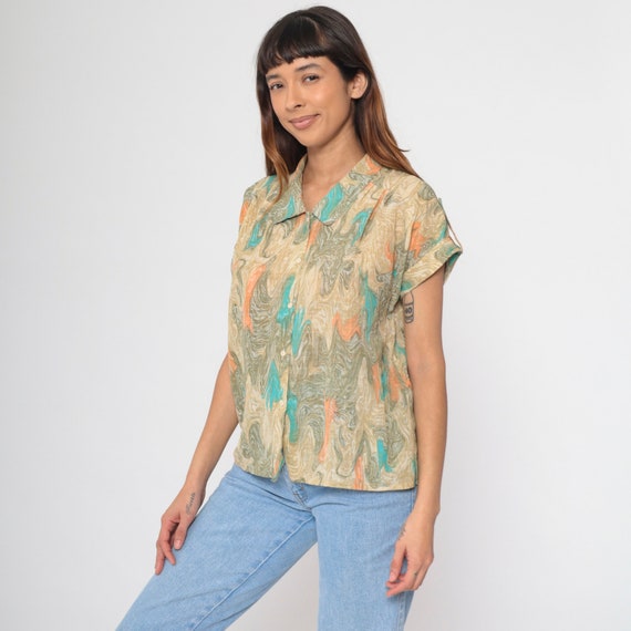 Marble Print Shirt 90s Psychedelic Button Up Shirt Acid Blouse Short Button Tab Sleeve Vintage Retro Hippie Shirt Turquoise Tan Orange Large