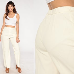 70s Cream Trousers Flared Pants Retro High Waisted Rise Wide Leg Creased Pants Boho Hippie Simple Preppy Slacks Vintage 1970s Medium M