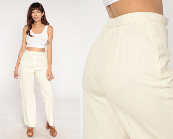 70s Cream Trousers Flared Pants Retro High Waisted Rise Wide Leg Creased Pants Boho Hippie Simple Preppy Slacks Vintage 1970s Medium M