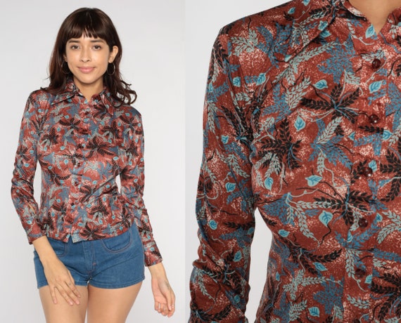70s Button Up Boho Abstract Leaf Print Disco Shir… - image 1