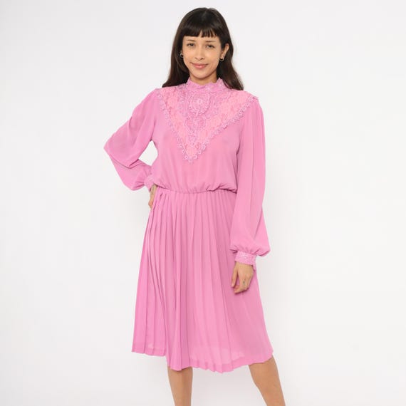Lace Bib Pink Dress 80s Pleated Skirt Chiffon Bishop Sleeve Blush Rose Feminine Victorian Collar Rimini Coquette Blouson Small To Medium S M
