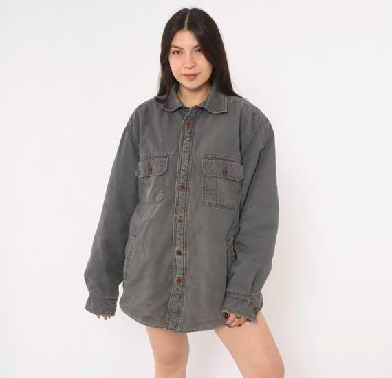 Y2K Grey Shirt Jacket Outdoor Cotton Shacket Chest Pocket Charcoal Work Coat Long Sleeve Collared Gorpcore Utility Hiking Vintage Medium M