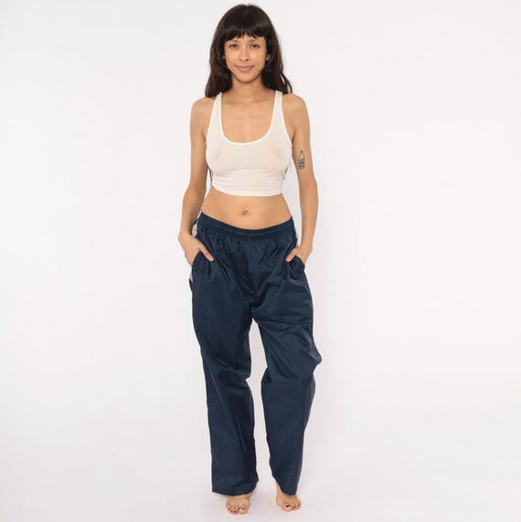 90s Reebok Windbreaker Pants Navy Blue Track Bottoms Elastic Waist Straight Leg Nylon Athletic Joggers Trousers Vintage Running Large L