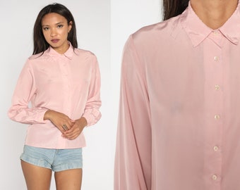 Baby Pink Blouse 80s 90s Button Up Shirt Retro Basic Simple Top Pastel Long Sleeve Collared Preppy Secretary Chic Vintage Medium M