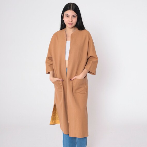 Long Tan Jacket 80s Wool Coat Open Front Trenchcoat Preppy Chic Fall 3/4 Sleeve Cardigan Simple Basic Plain Boho Vintage 1980s Small Medium