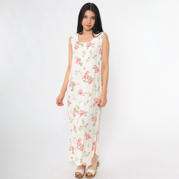 90s White Floral Dress Vintage Pink Flower Maxi Sundress Sleeveless Long Garden Party 1990s Scoop Neck Summer Side Slit Dress Medium M