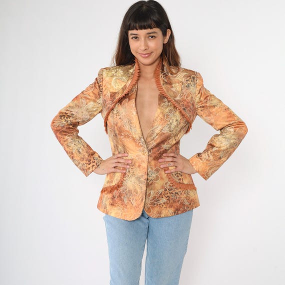Vintage Floral Jacquard Blazer Jacket 90s Y2K Fringe Trim Jacket Leopard Print Tapestry Blazer Burnt Orange 1990s Autumnal Small S