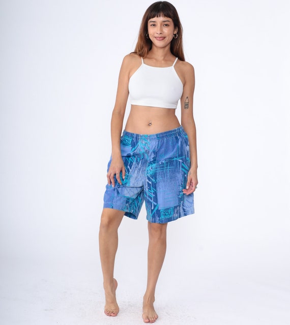 90s Shorts Blue Abstract Brushstroke Print Beach Shorts Cotton Elastic Waist Wide Leg Retro Baggy Summer Casual Vintage 1990s Extra Large xl