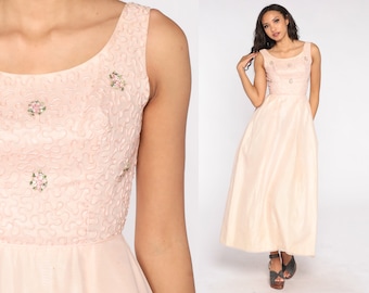 60s Party Dress Pink Rosette Full Skirt Maxi Dress Formal Retro Prom Dress Ballgown Vintage Cocktail 1960s Sleeveless Extra Small XS
