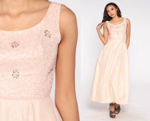 60s Party Dress Pink Rosette Full Skirt Maxi Dress Formal Retro Prom Dress Ballgown Vintage Cocktail 1960s Sleeveless Extra Small XS
