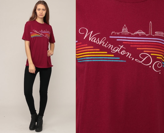 Washington DC Shirt Retro TShirt Burgundy Rainbow Stripe 80s Capitol Building Vintage T Shirt Graphic Print Travel Tee Monument Large