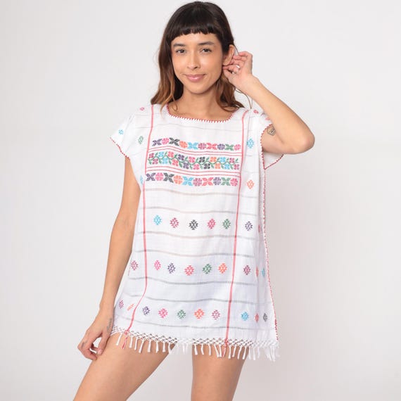 90s Mexican Embroidered Shirt Micro Mini Dress Tunic Top White Floral Peasant Blouse Fringe Hem Tunic Sleeveless Vintage 1990s Medium M