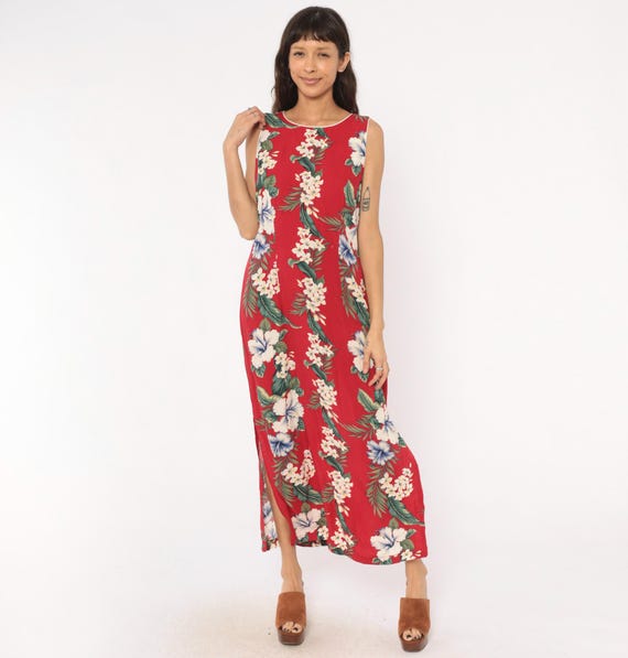 90s Hawaiian Maxi Dress Red Tropical Floral Sleeveless Hibiscus Plumeria Iolani Summer Column Vacation Island Crimson White Green Large L