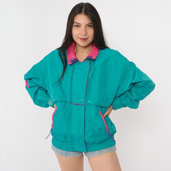Teal Colorblock Windbreaker 90s Long Sleeve Zip Front Pink Purple Bomber Jacket Oversized Athletic Track Suit Sport Snowboarding Ski Medium