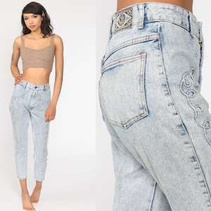Skinny High Waisted Jeans 80s Acid Wash Blue Ankle Denim Cigarette Pants Ultra High Waist 90s Vintage Hipster Faded Small 26