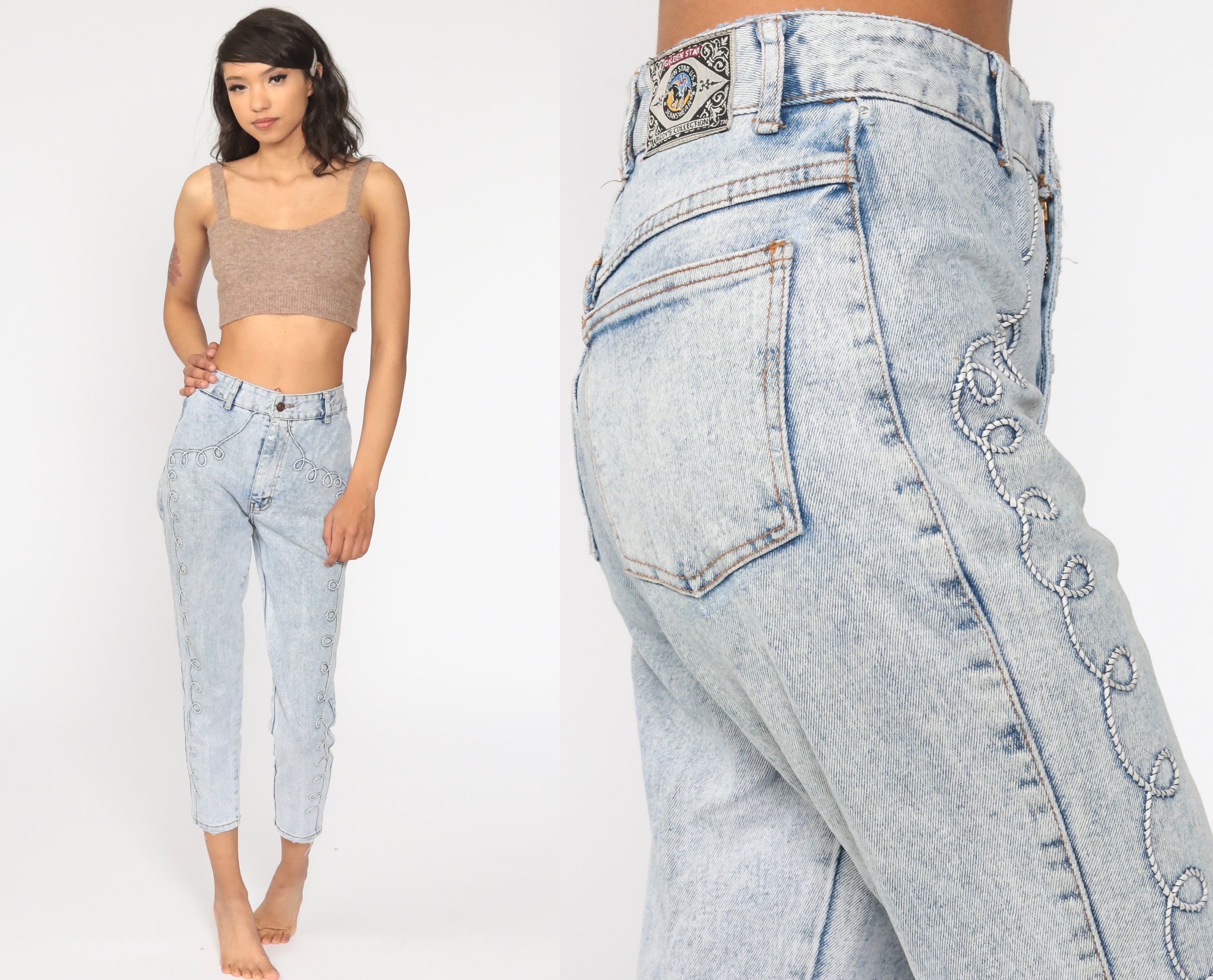 Skinny High Waisted Jeans 80s Acid Wash Blue Ankle Denim Cigarette Pants  Ultra High Waist 90s Vintage Hipster Faded Small 26