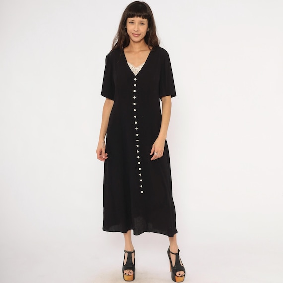 90s Black Button Front Maxi Dress Lace Trim V Neck Short Sleeve Onyx Frock Lace Up Back Corset Detail  Dark  Romantic Gothic Vintage Large L
