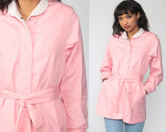 Baby Pink Windbreaker Jacket 80s Hooded Jacket Pastel Belted Hoodie Windbreaker Hood Coat Hood Vintage Small