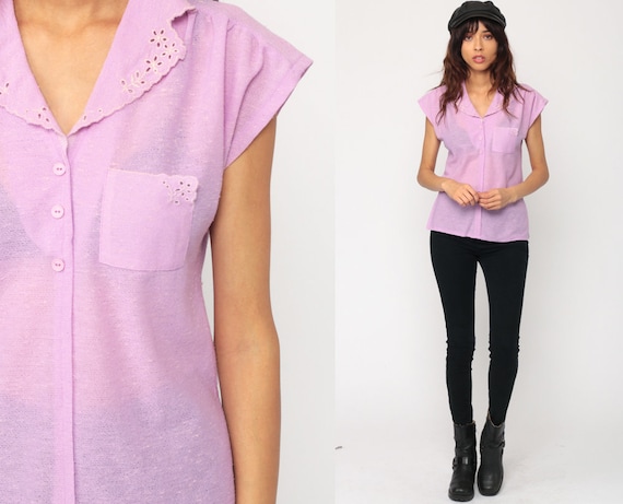 Boho Blouse 70s Top Lavender Shirt Button Up Blouse Purple Cap Sleeve Top Summer Bohemian Top Hippie Vintage 1970s Collared Small Medium