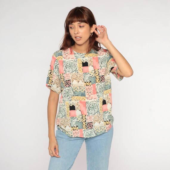 90s Patchwork Blouse Geometric Tile Print Pink Ye… - image 3