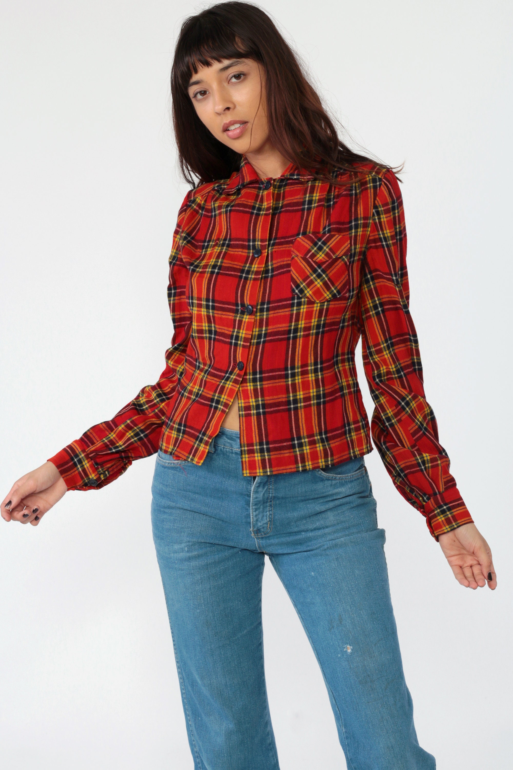 Wool Plaid Blouse 80s Red Flannel Shirt Lumberjack Button Up Long ...