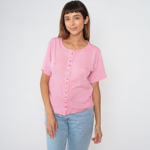 Pink Striped Shirt 90s Button up Blouse Short Sleeve Top Basic Simple Retro Casual Summer Tee White Horizontal Stripes Vintage 1990s Large L