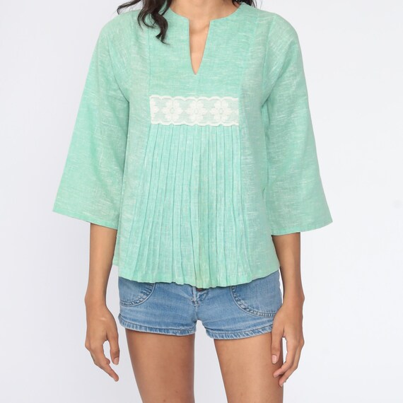 Boho Blouse Mint Green Bell Sleeve Cotton Gauze T… - image 5