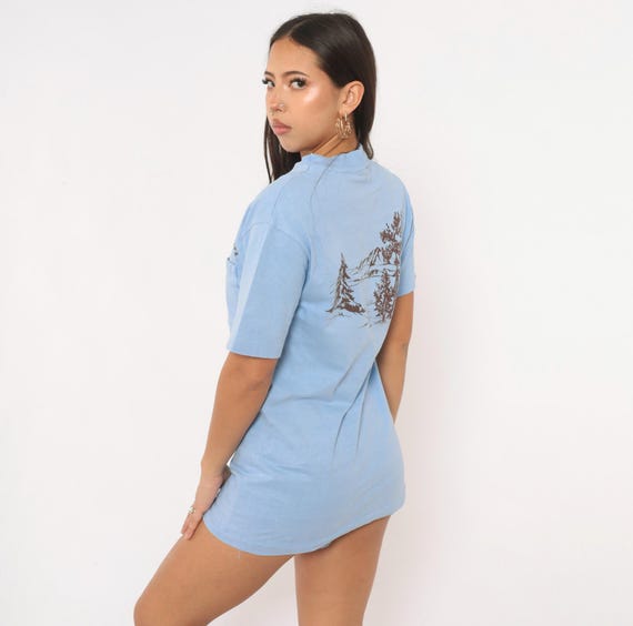 80s Camp Tahquitz Graphic Tee Light Blue Cotton T Shirt Brown Pine Tree Mountain Print Staff 1981 Chest Pocket Short Sleeve Vintage Small S