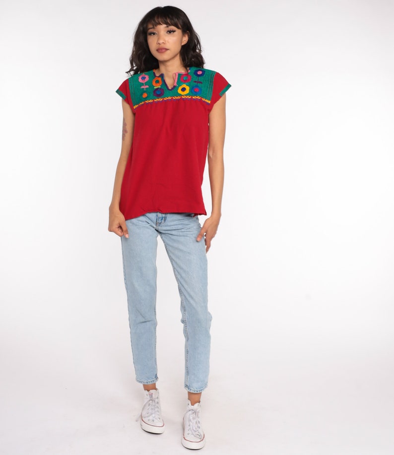 Mexican EMBROIDERED Blouse Hippie Top Floral Shirt Boho Shirt FESTIVAL Tunic Bohemian Vintage Retro Red Small image 3