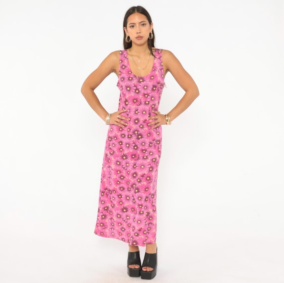 90s Pink Floral Maxi Dress Sleeveless Tank Daisy Rose Magenta Purple Summer Sundress Beach Vacation Fuchsia Bloom Garden Party Medium M