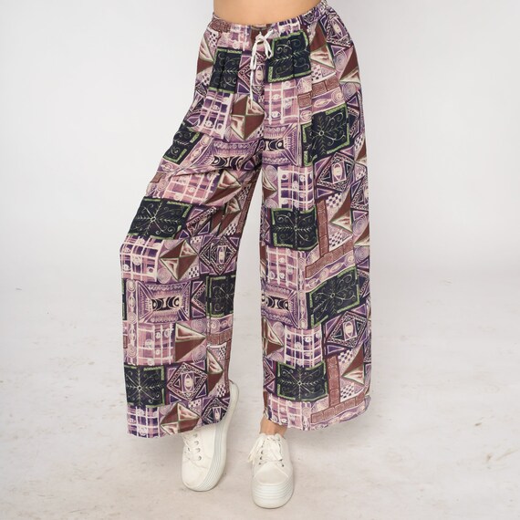 90s Patchwork Pants Boho Abstract Print Wide Leg … - image 4