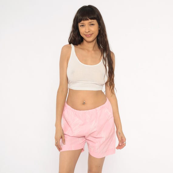 90s Pink Shorts Abstract Scribble Print Cuffed Hem Cotton Blush Rose White Lined Summer Beach Relaxed Fit Side Pocket Casual Vintage Small S