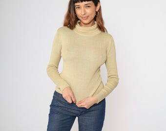 Vintage Gold Turtleneck Sweater 90s Silk Sparkly Metallic Sweater Top Long Sleeve Pullover Shirt Basic Glam Glittery 1990s Small S