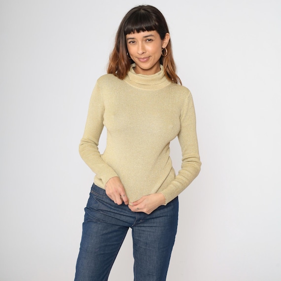 Vintage Gold Turtleneck Sweater 90s Silk Sparkly Metallic Sweater Top Long Sleeve Pullover Shirt Basic Glam Glittery 1990s Small S
