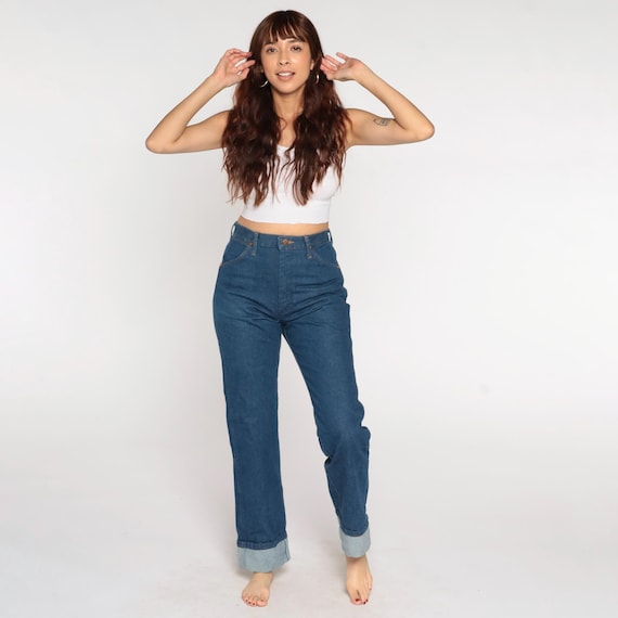 Wrangler Bootcut Jeans 90s Western Jeans High Rise Dark Wash Blue Denim Pants Retro Vintage 1990s Women's 29 Waist Medium Tall