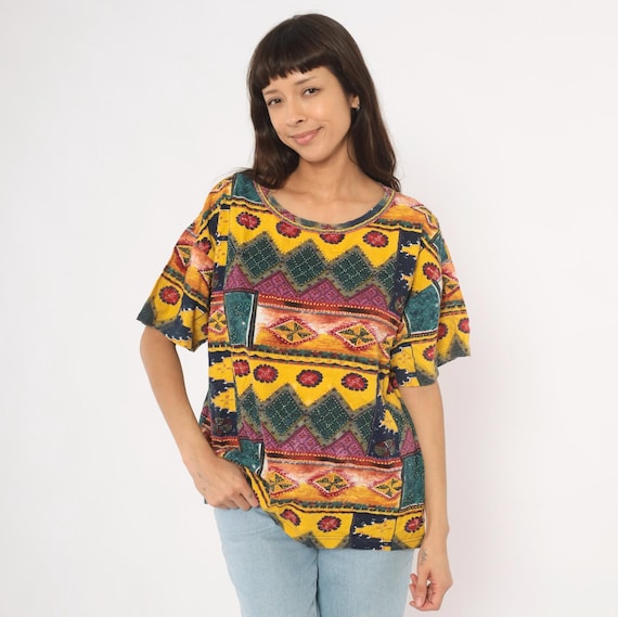 90s Southwestern Tee Aztec Print Cotton Shirt Tribal Geometric Boxy Fit Mustard Teal Magenta Multicolor Patchwork Festival Vintage Large L