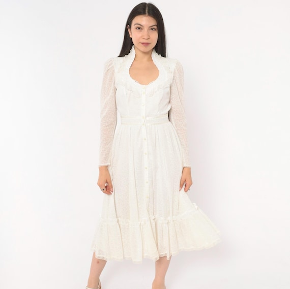 70s Gunne Sax Prairie Dress White Floral Lace Ruffle Neckline Sheer Sleeve Tie Back Cottagecore Bridal Coquette Wedding Whimsy Extra Small
