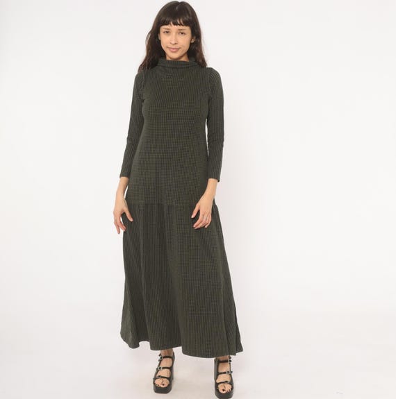 Houndstooth Maxi Dress 90s Olive Black Funnel Neck Cotton Tiered Skirt Three Quarter Sleeve Drop Waist A Line Long Frock Pullover Medium M