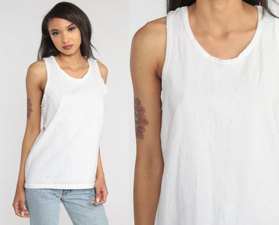 White Tank Top 90s Sleeveless Shirt Plain Tank Top Retro Cotton Basic Normcore Minimalist Layering Basics Vintage 1990s Small Medium