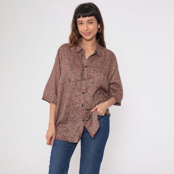 Y2K Floral Blouse Collared Shirt 3/4 Sleeve Beige Pink Brown Daisies Cottagecore Pintuck Prairie Loose Fit Vintage Top Extra Large XL