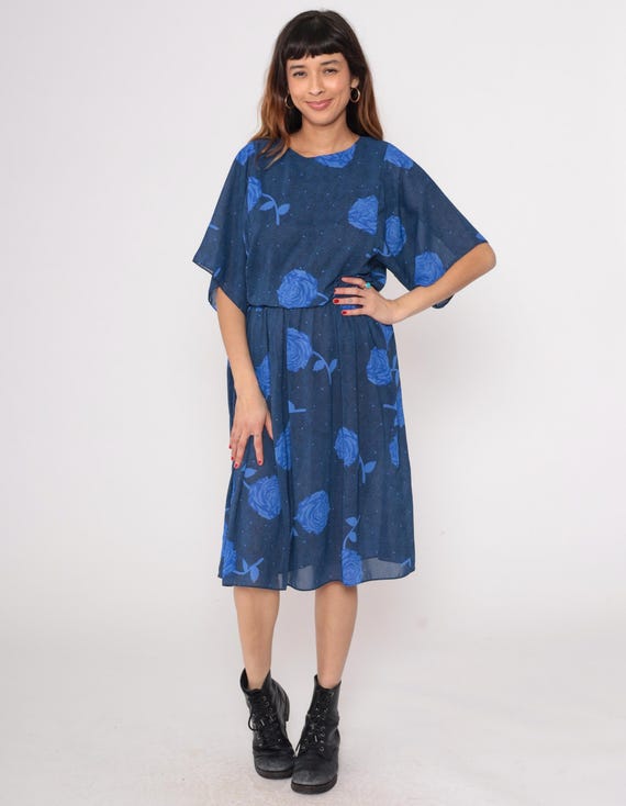 Blue Rose Dress 90s Navy Floral Polka Dot Kimono Sleeve Midi Vintage Romantic Bohemian Summer Ethereal Dreamy Cottagecore Boho Small S 7