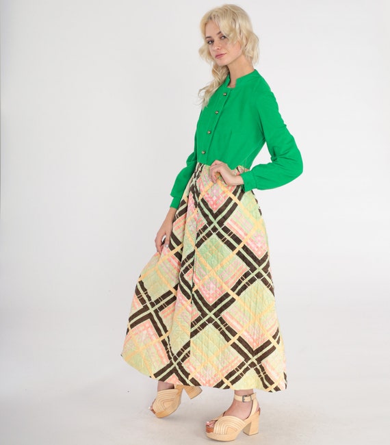 70s Maxi Dress Green Checkered Dress Quilted Skir… - image 4