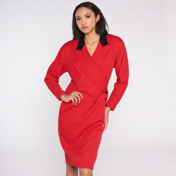 Red Wrap Dress 80s Wool Dress High Waisted Midi Dress Long Sleeve V Neck Plain Secretary 1980s Vintage Asymmetrical Medium 8